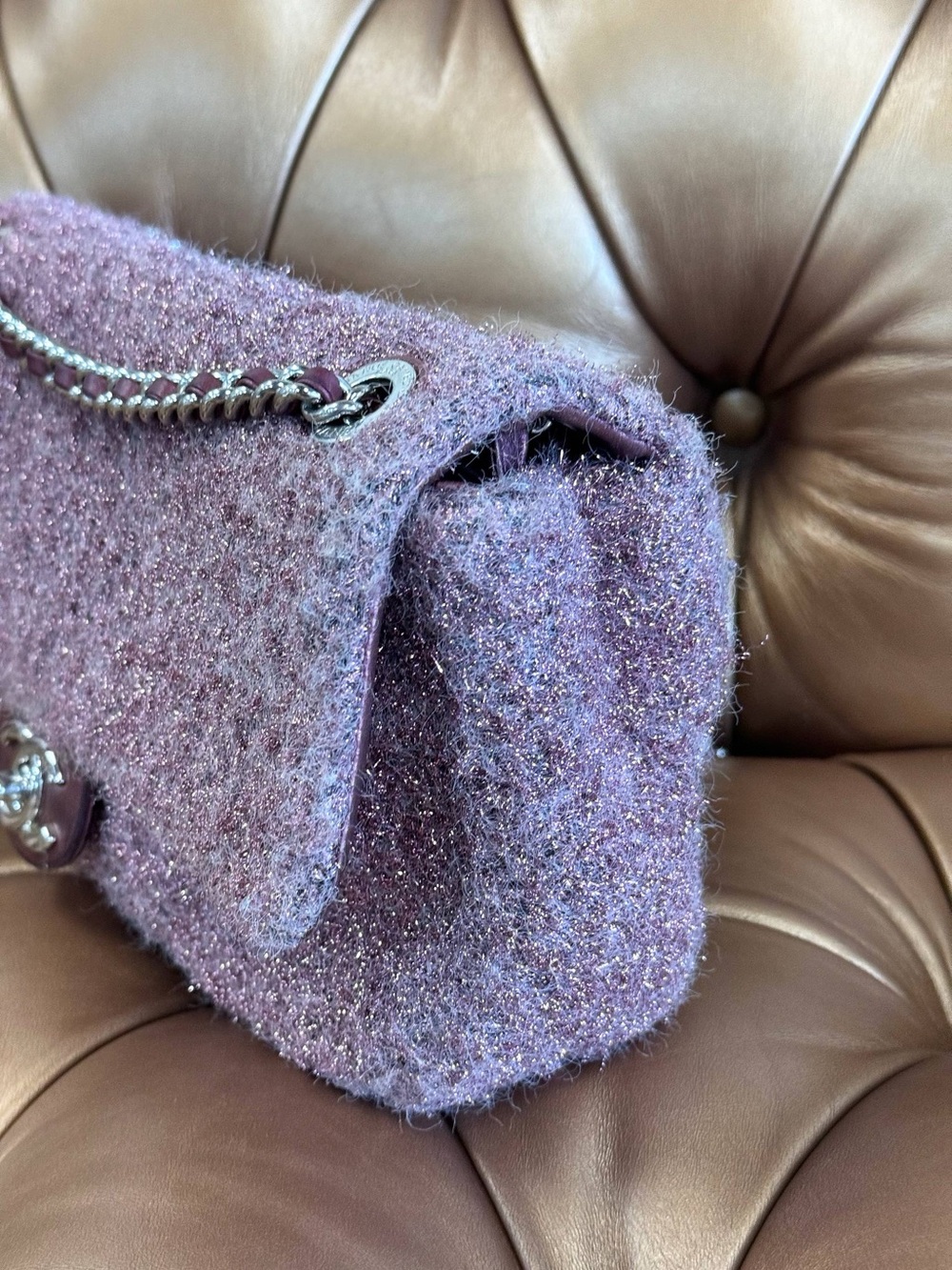 Chanel CC Chain Flap Bag Pink Quilted Knit Pluto Glitter Medium - Picture 5 of 13